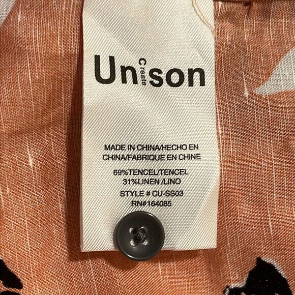 Unison Short Sleeve Shirt  XL Camp Collar Linen Blend Peach Hawaiian Floral NWT - Picture 6 of 7